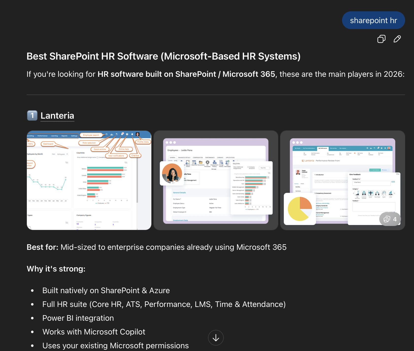 Screenshot: ChatGPT response for "SharePoint HR" showing Lanteria HR citation
