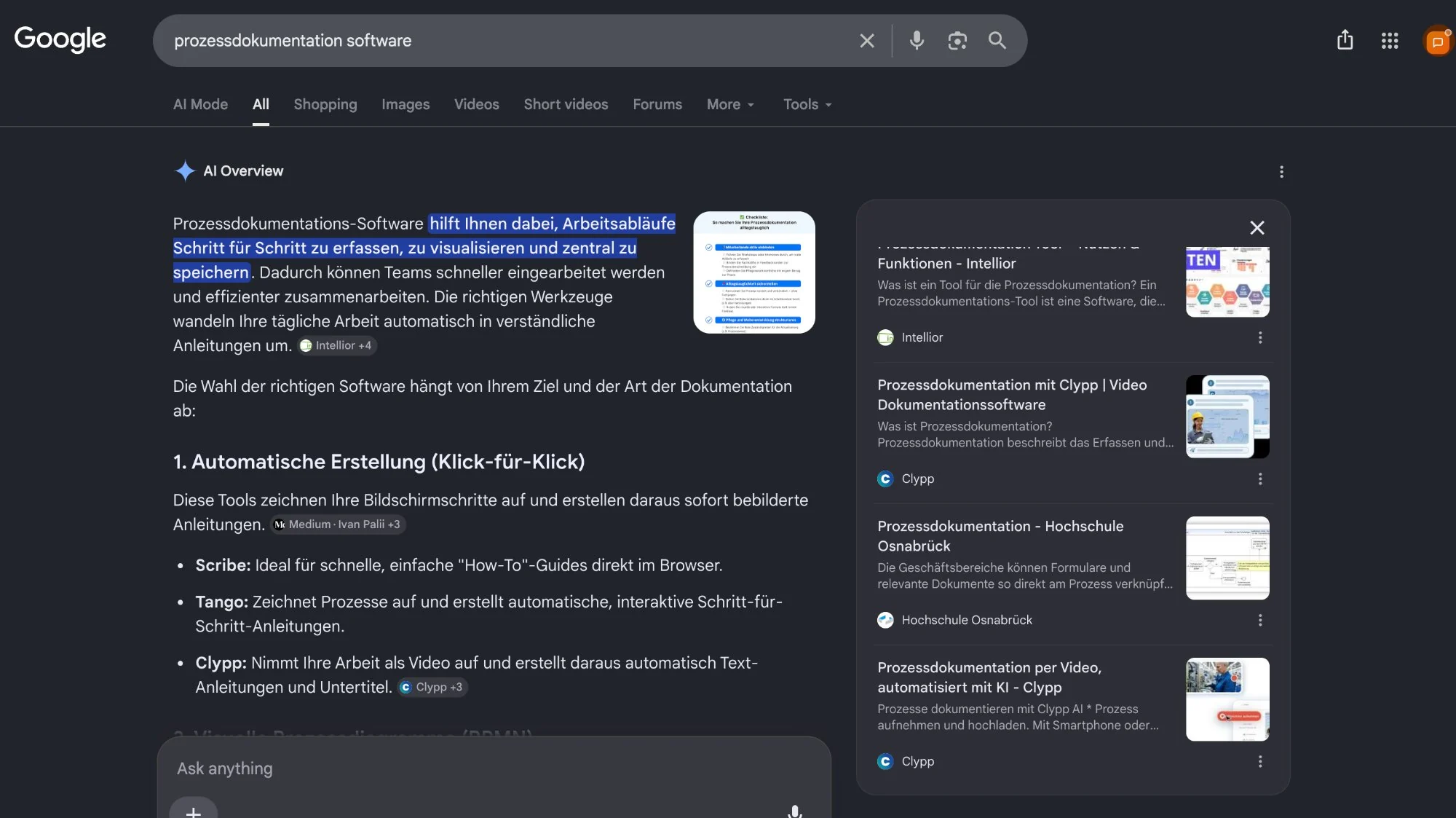 Clypp cited inside the German AI Overview answer and twice in the sources panel — "Prozessdokumentation mit Clypp" and "Prozessdokumentation per Video, automatisiert mit KI" — alongside Intellior and Hochschule Osnabrück.