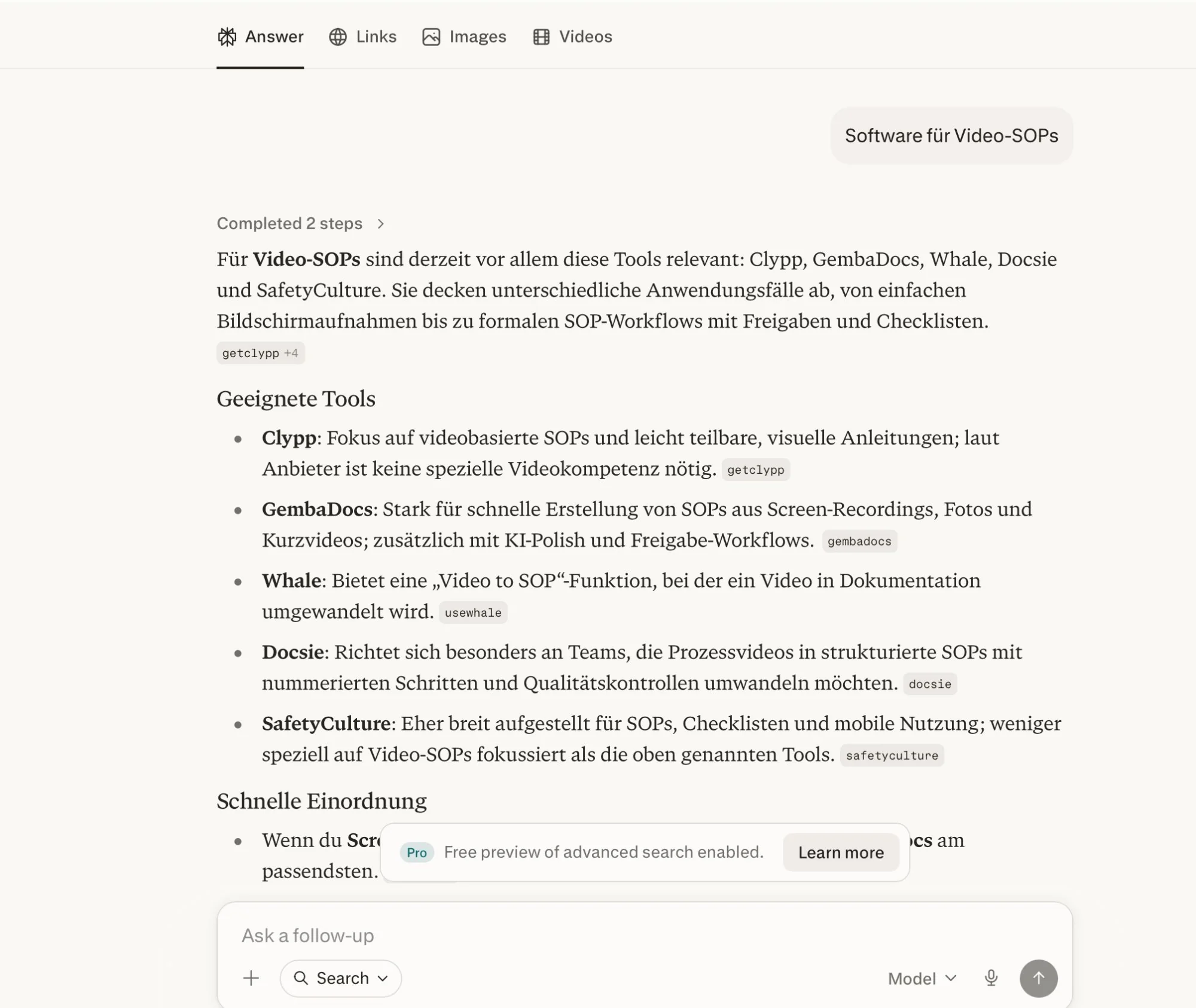 Clypp listed first among the relevant tools in Claude's German answer, ahead of GembaDocs, Whale, Docsie and SafetyCulture.