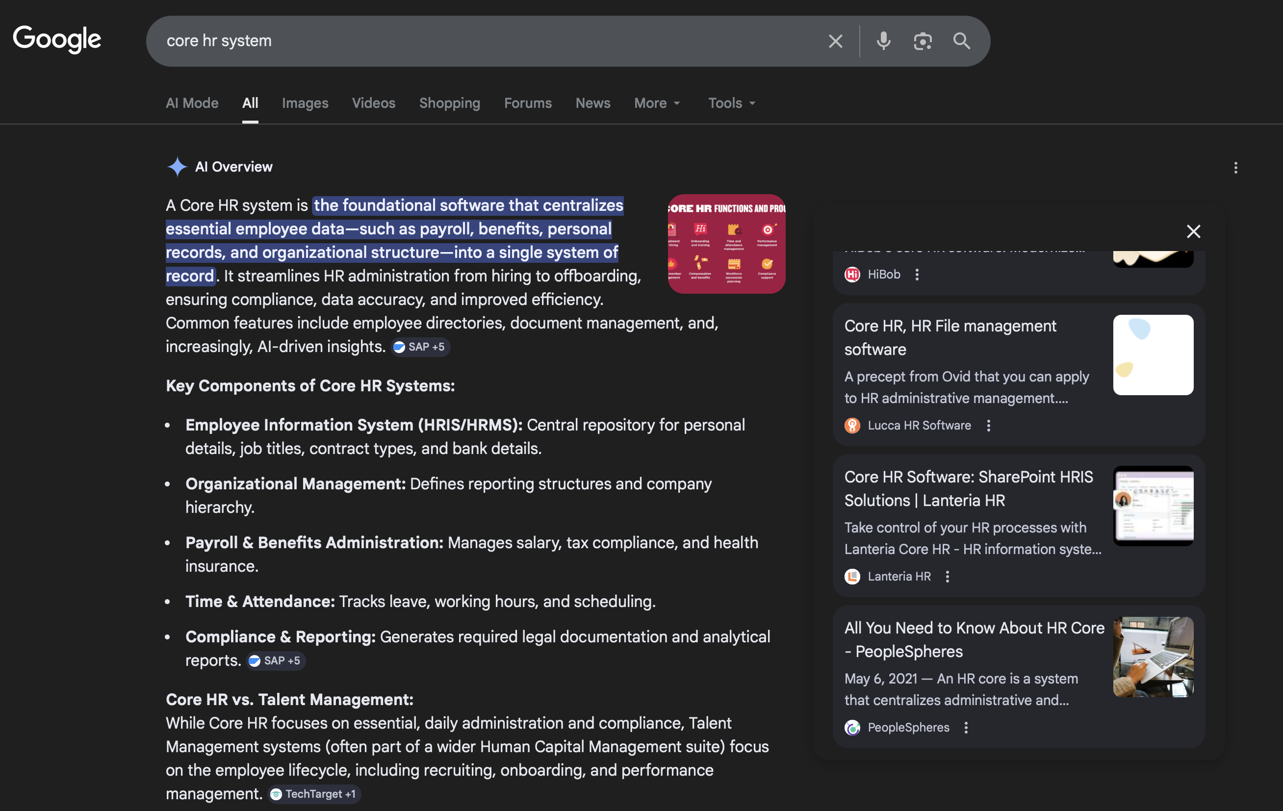 Screenshot: Google response for "core HR system" showing Lanteria HR citation