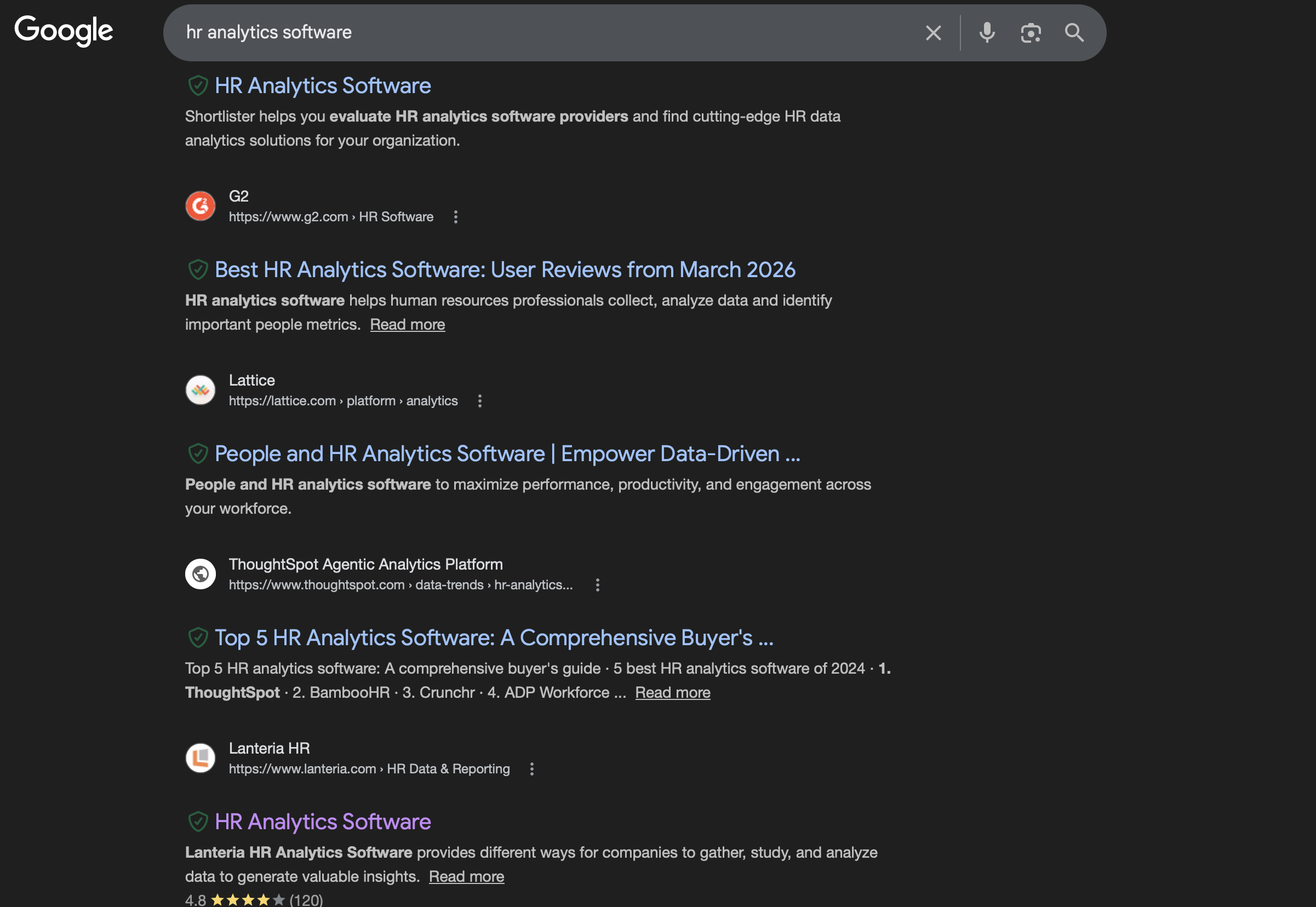 Screenshot: Google response for "HR analytics software" showing Lanteria HR citation