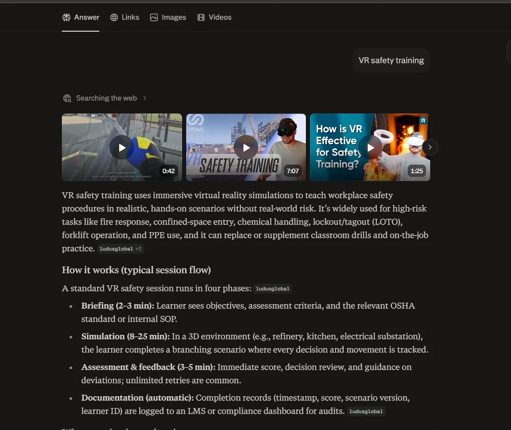 Perplexity · answer — VR safety training