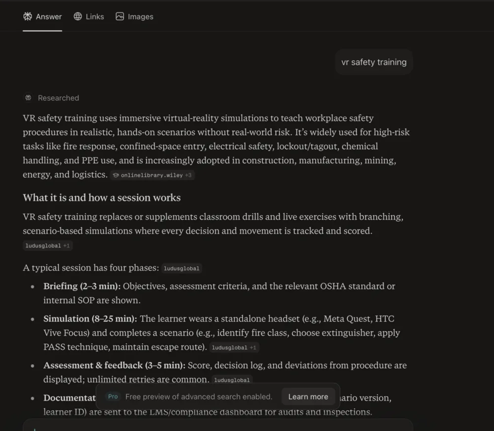 Perplexity · answer — vr safety training