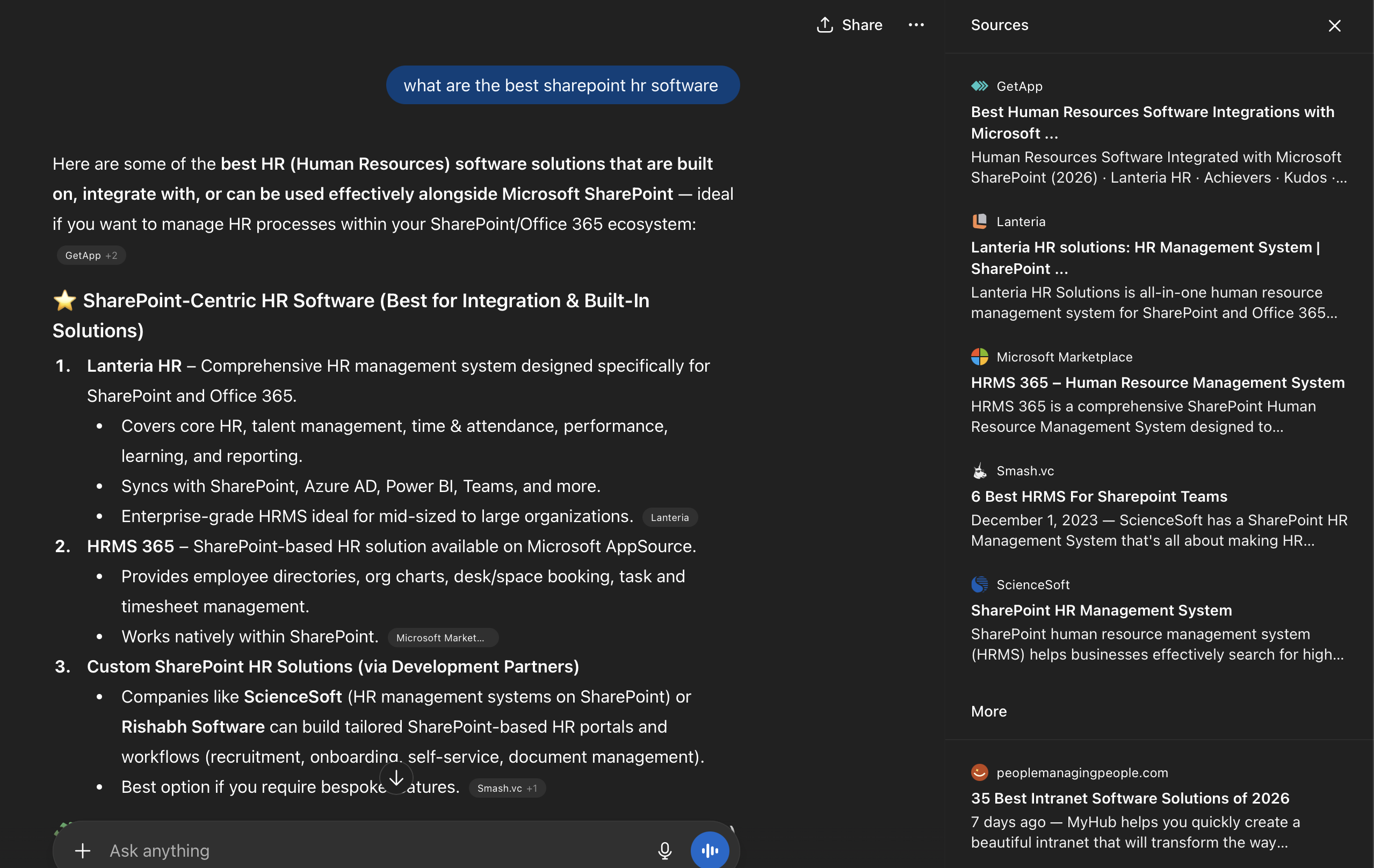 Screenshot: Perplexity response for "what are the best SharePoint HR software" showing Lanteria HR citation