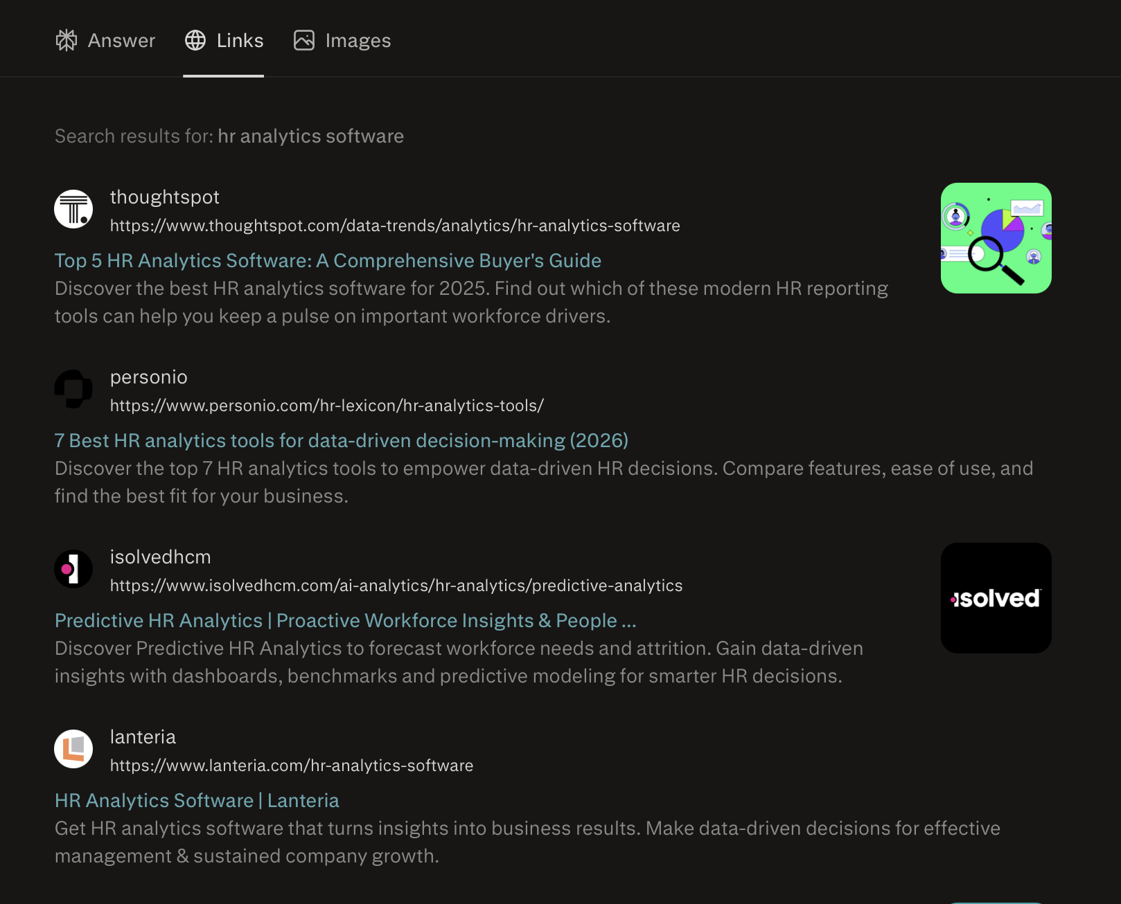 Screenshot: Perplexity response for "HR analytics software" showing Lanteria HR citation