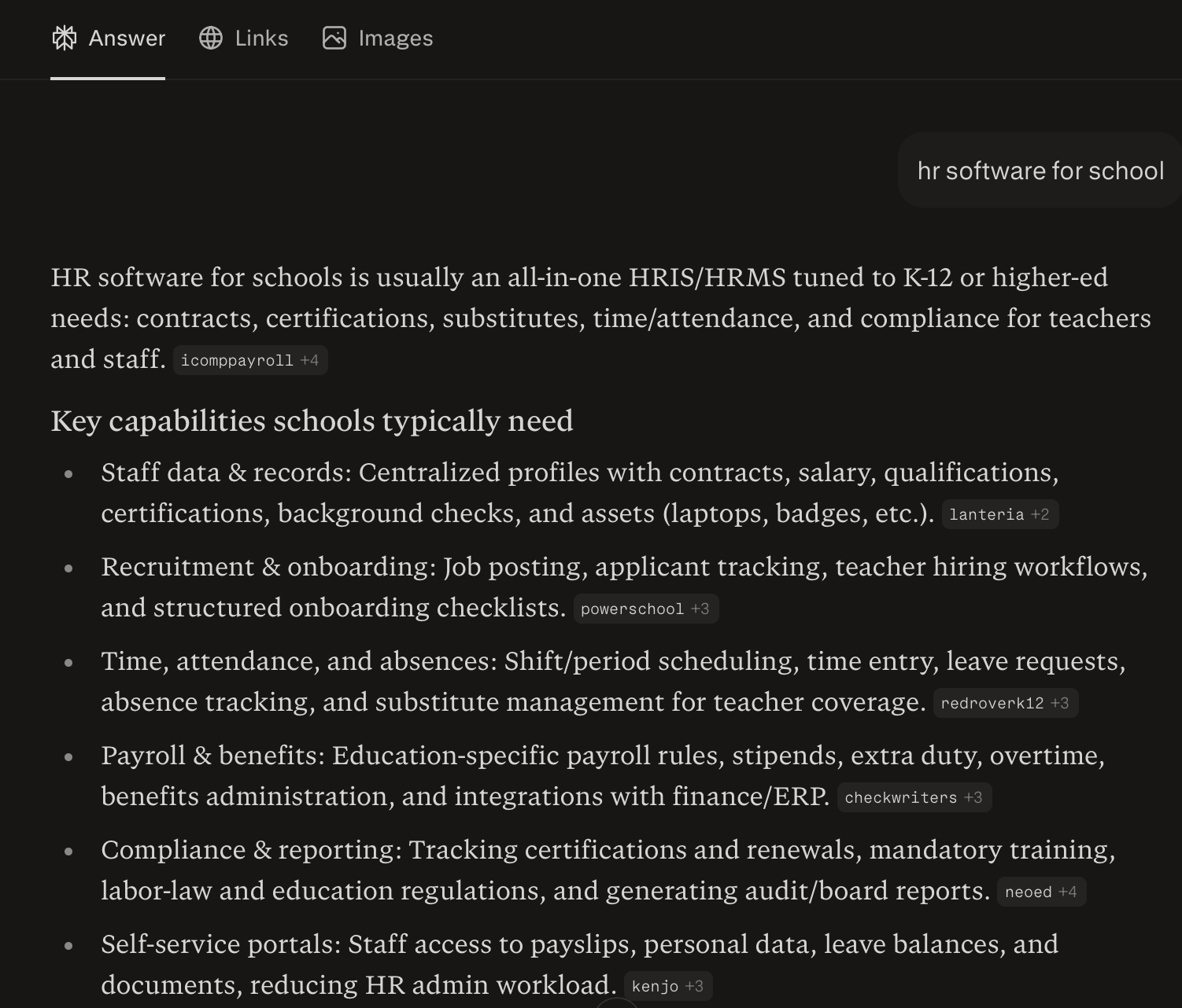 Screenshot: Perplexity response for "HR software for school" showing Lanteria HR citation