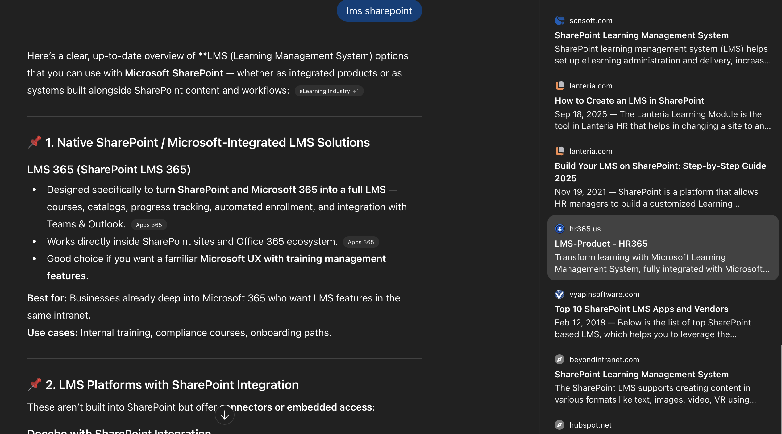 Screenshot: Perplexity response for "LMS SharePoint" showing Lanteria HR citation