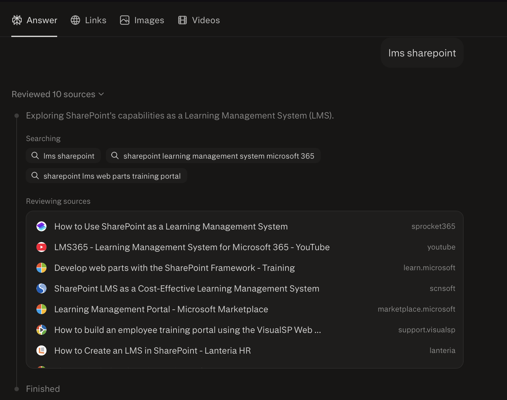 Screenshot: Perplexity response for "LMS SharePoint" showing Lanteria HR citation
