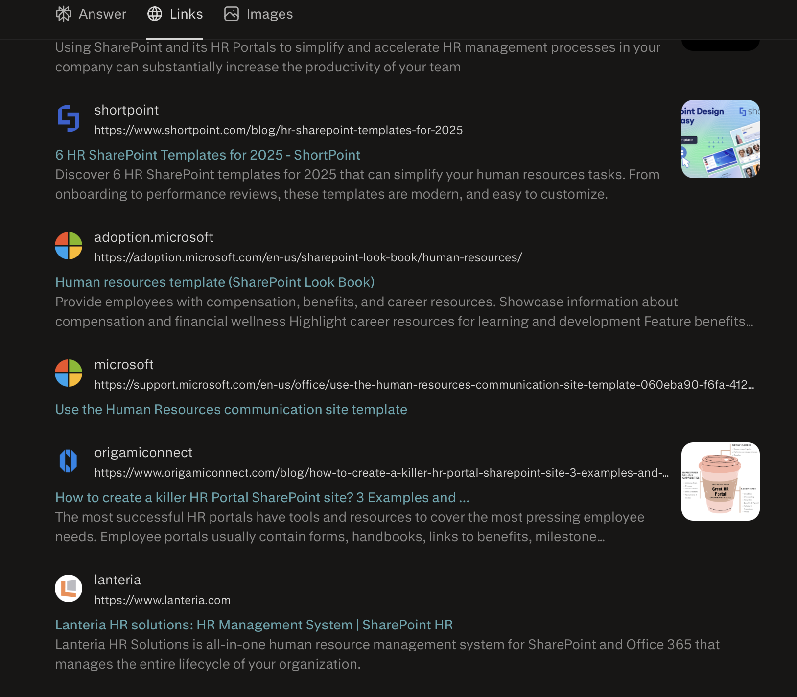 Screenshot: Perplexity response for "SharePoint HR" showing Lanteria HR citation