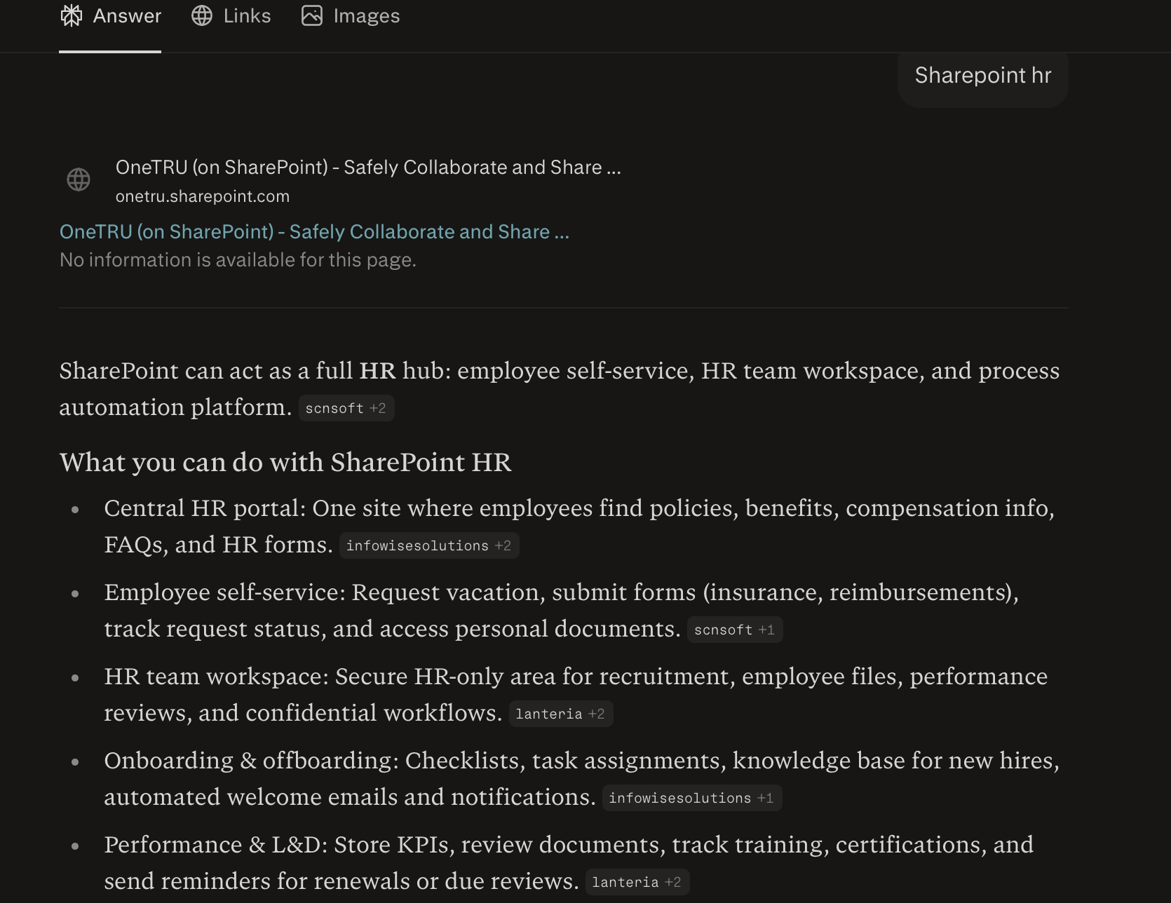Screenshot: Perplexity response for "SharePoint HR" showing Lanteria HR citation